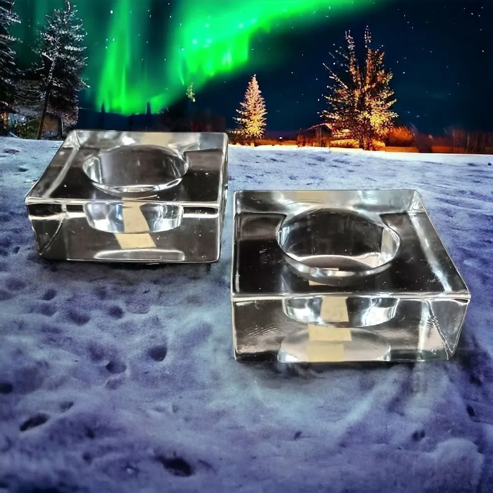 2 IKEA Glass Candle Holders Icy Clear Christmas Square Ice Cube Votive Tealight.